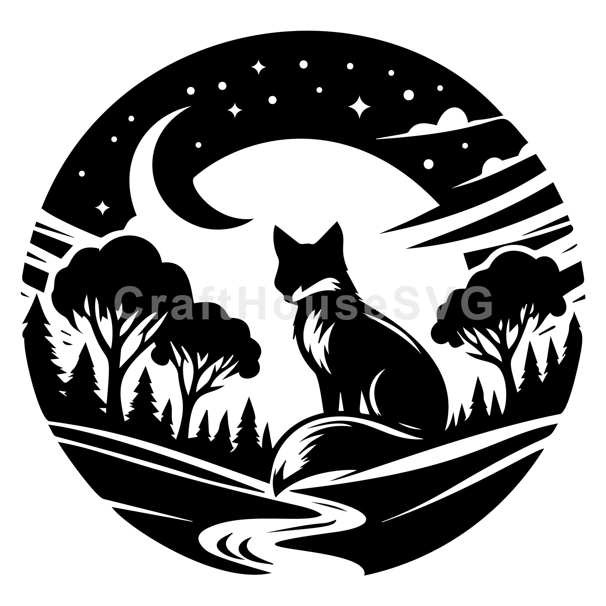 Fox Silhouette in the Forest at Night SVG