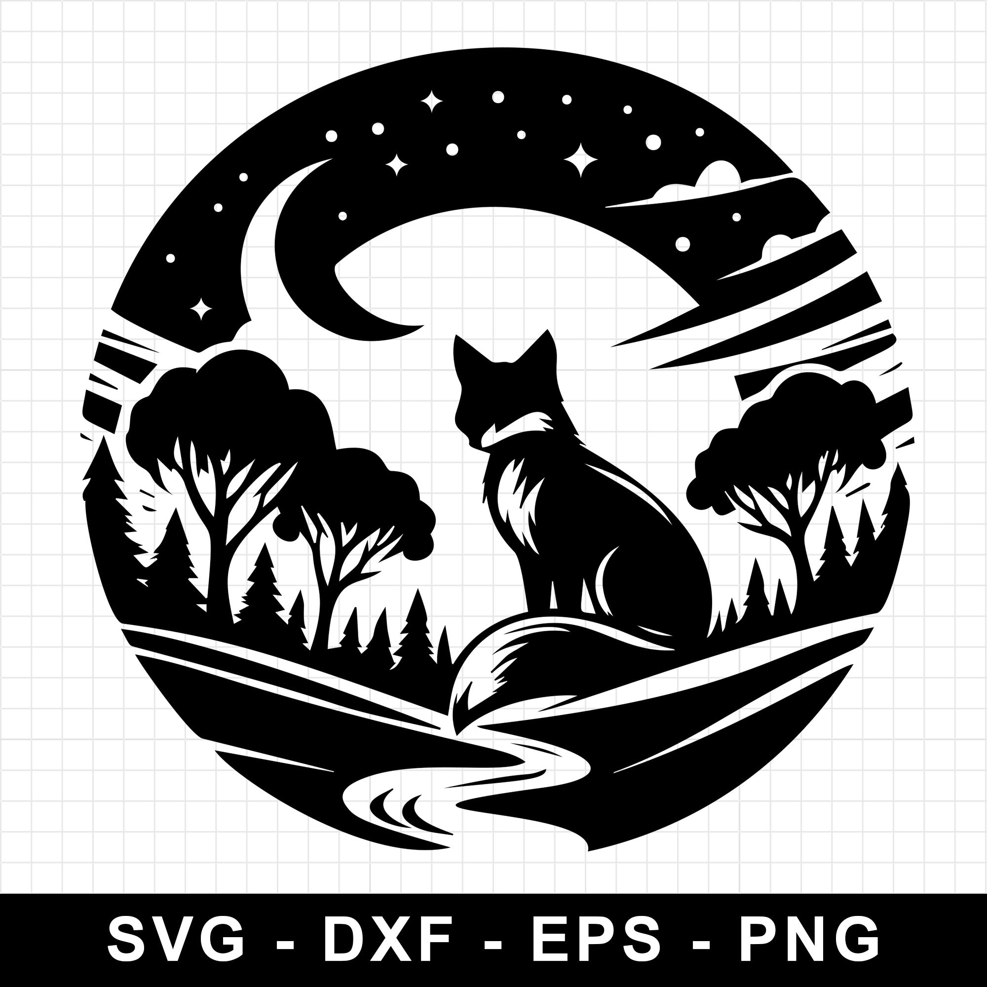 Fox Silhouette in the Forest at Night SVG