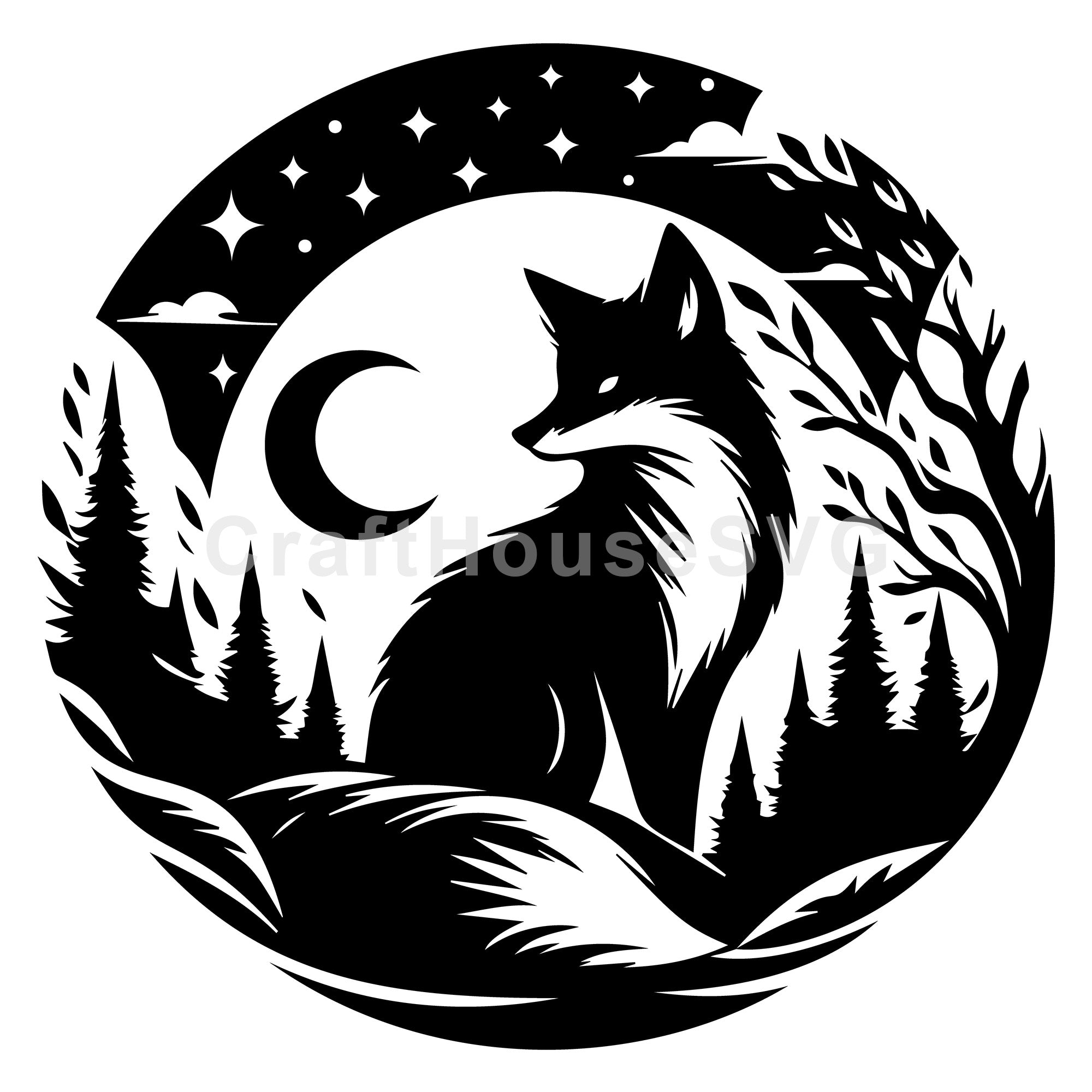 Enigmatic Fox Silhouette under the Night Sky SVG