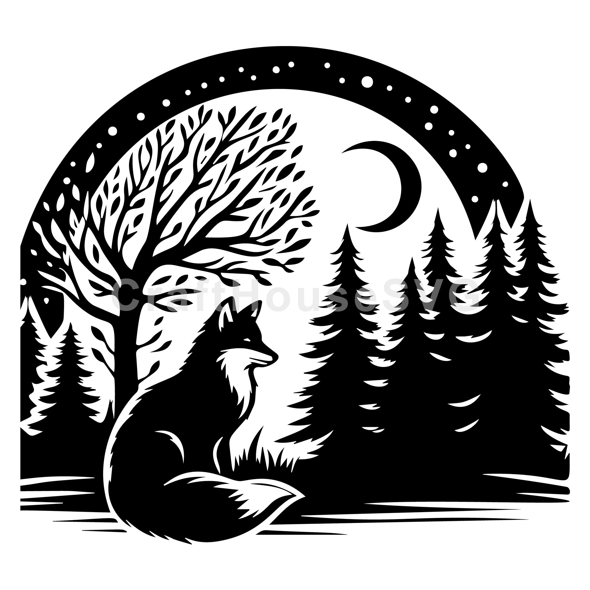 Fox Silhouette Sitting in Forest Scene with Moon SVG