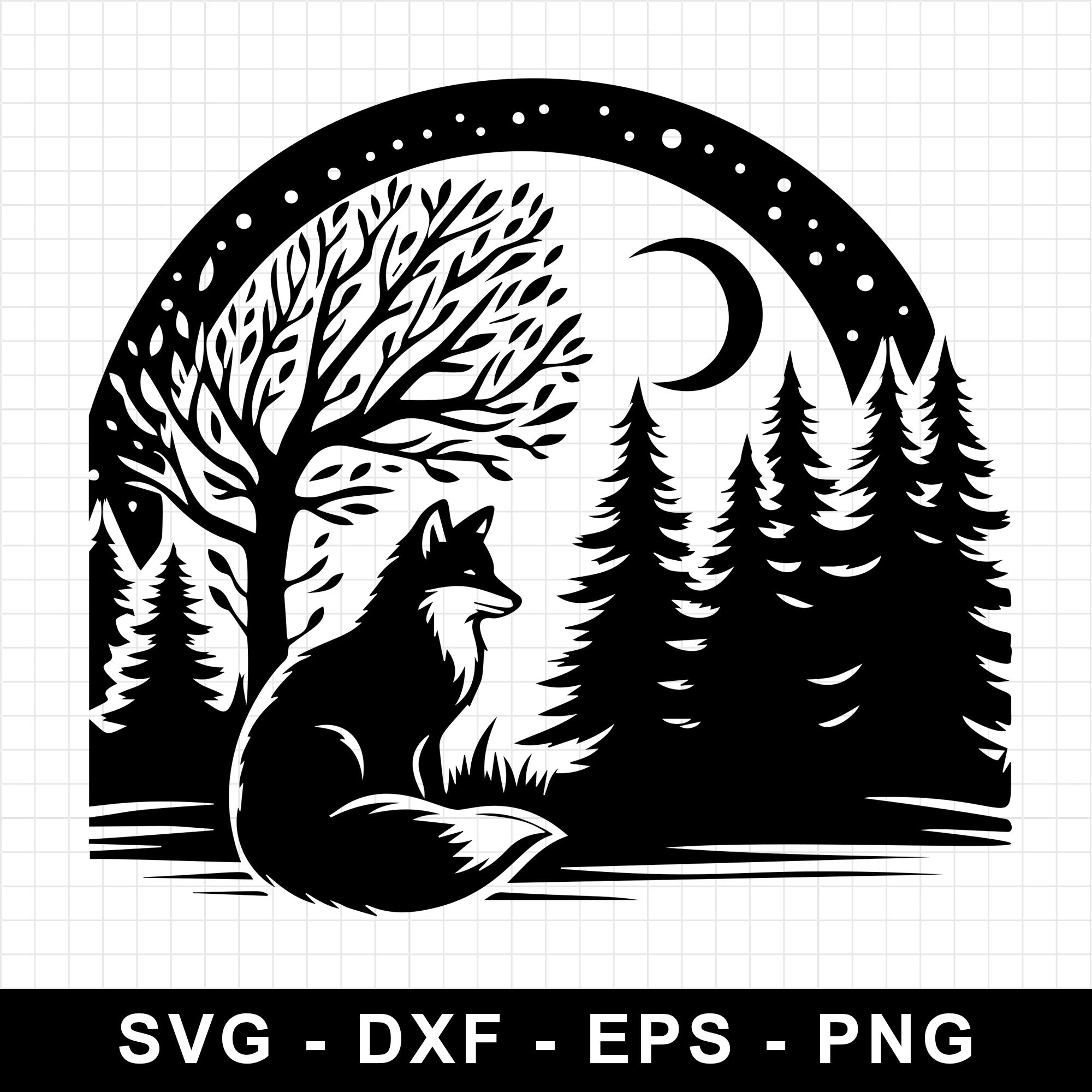 Fox Silhouette Sitting in Forest Scene with Moon SVG