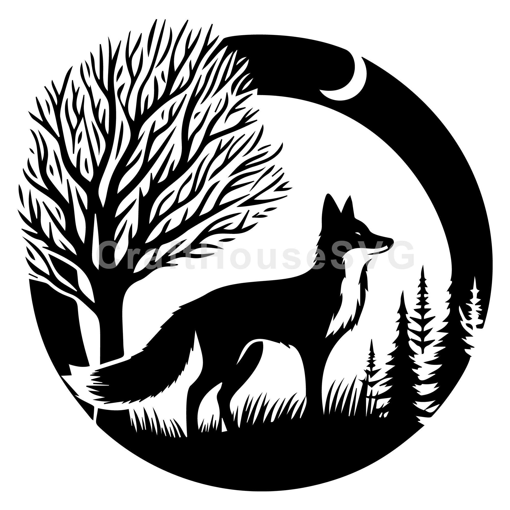 Fox Silhouette Standing with Tree and Moon in Background SVG