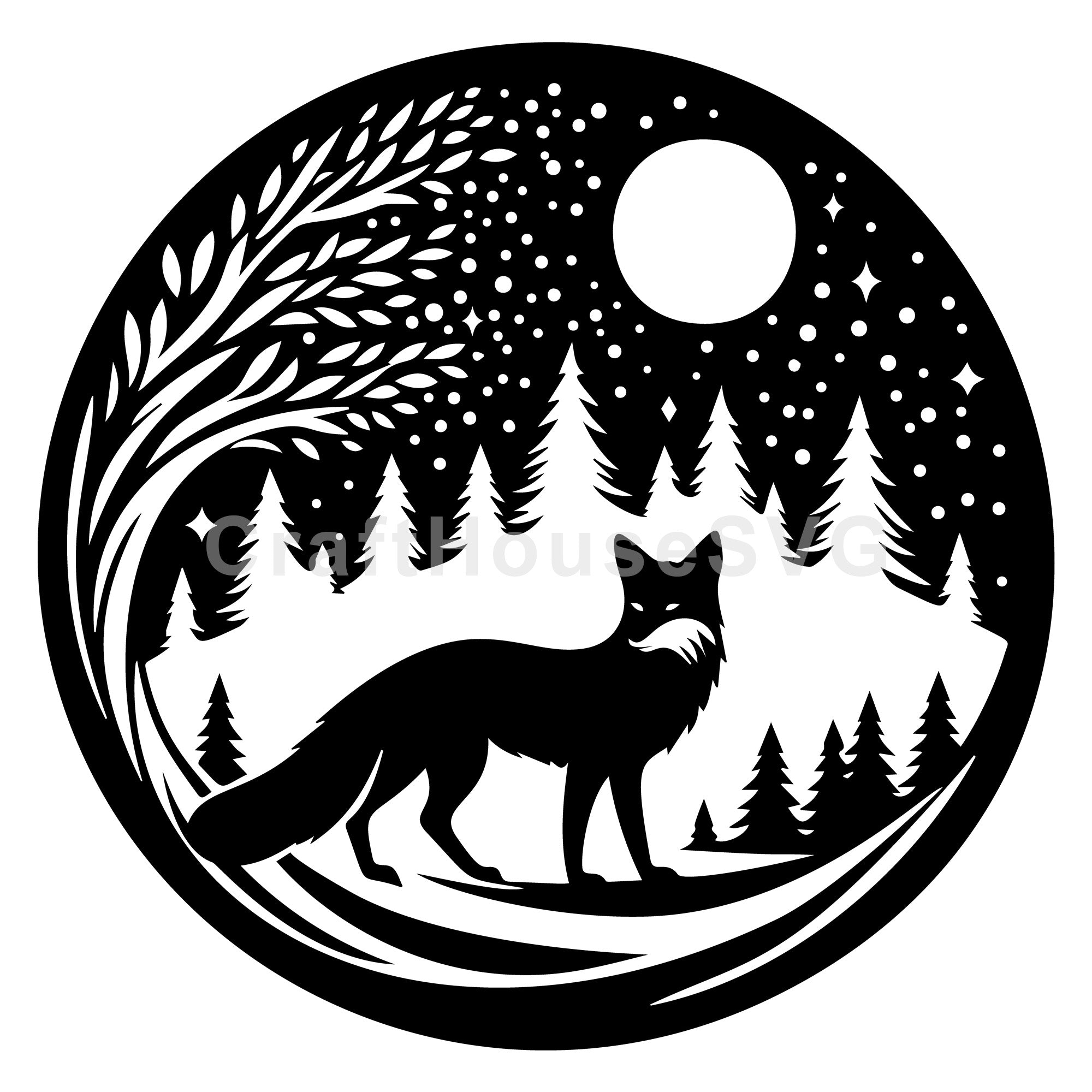 Fox Silhouette in Enchanted Forest Scene with Moon SVG