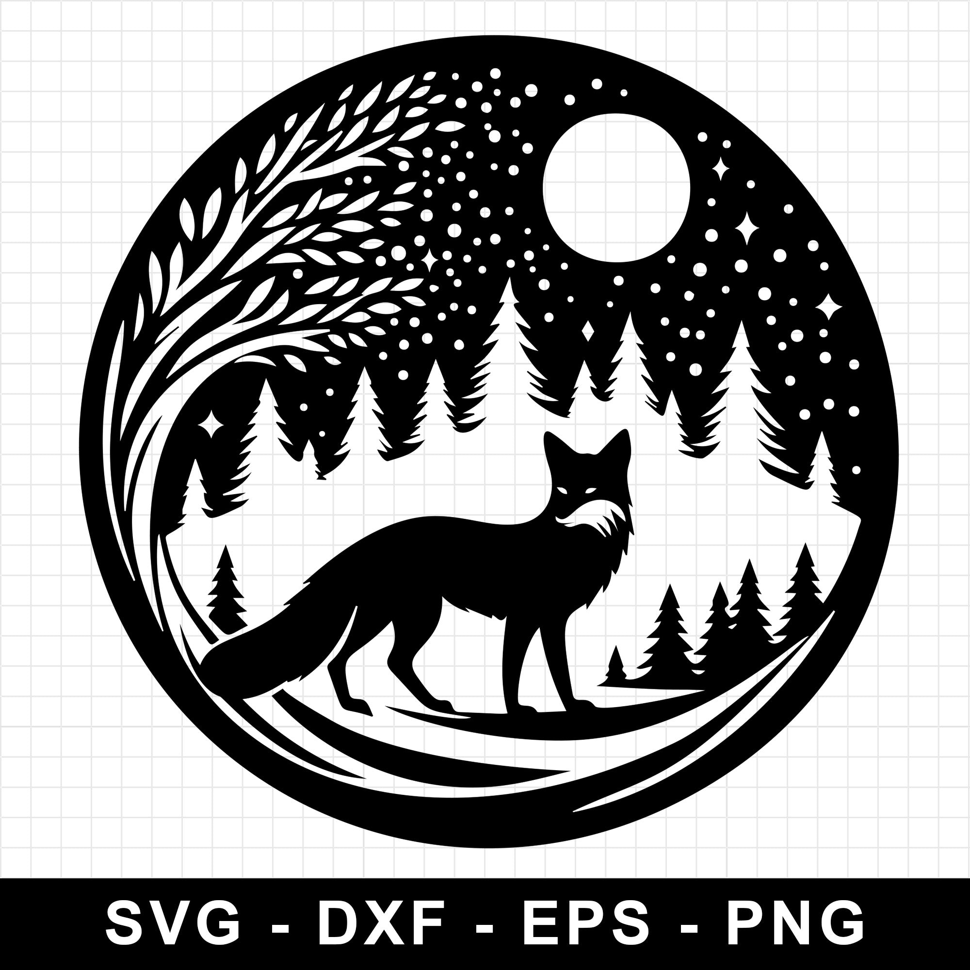 Fox Silhouette in Enchanted Forest Scene with Moon SVG