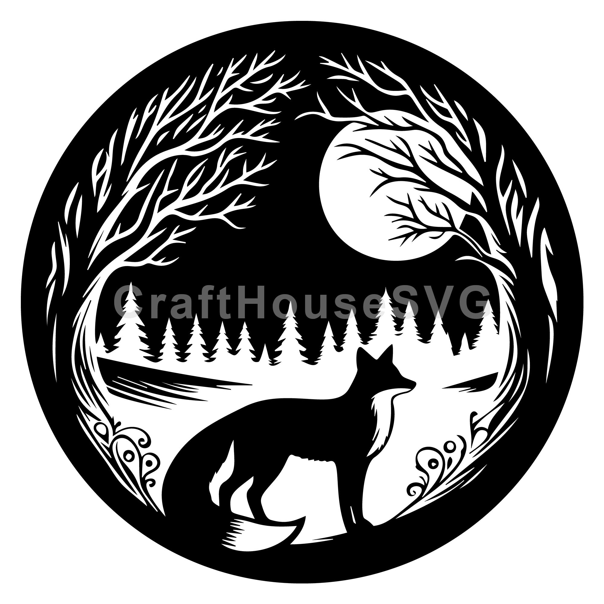 Fox Silhouette in Forest Scene with Moon SVG