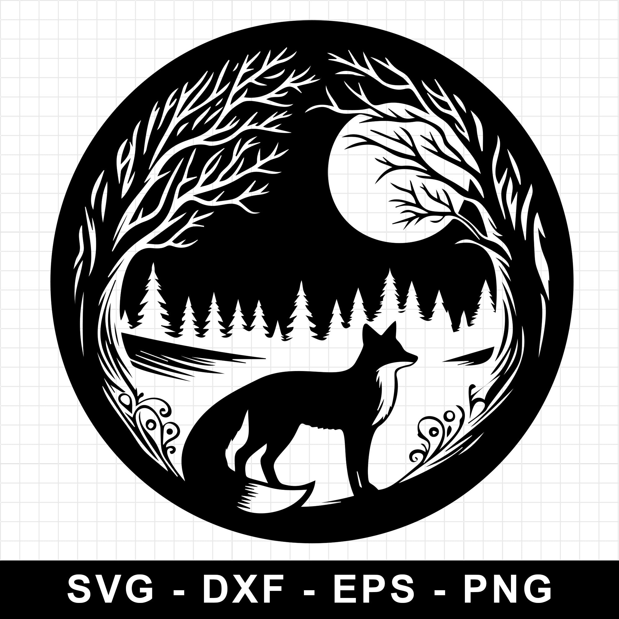 Fox Silhouette in Forest Scene with Moon SVG