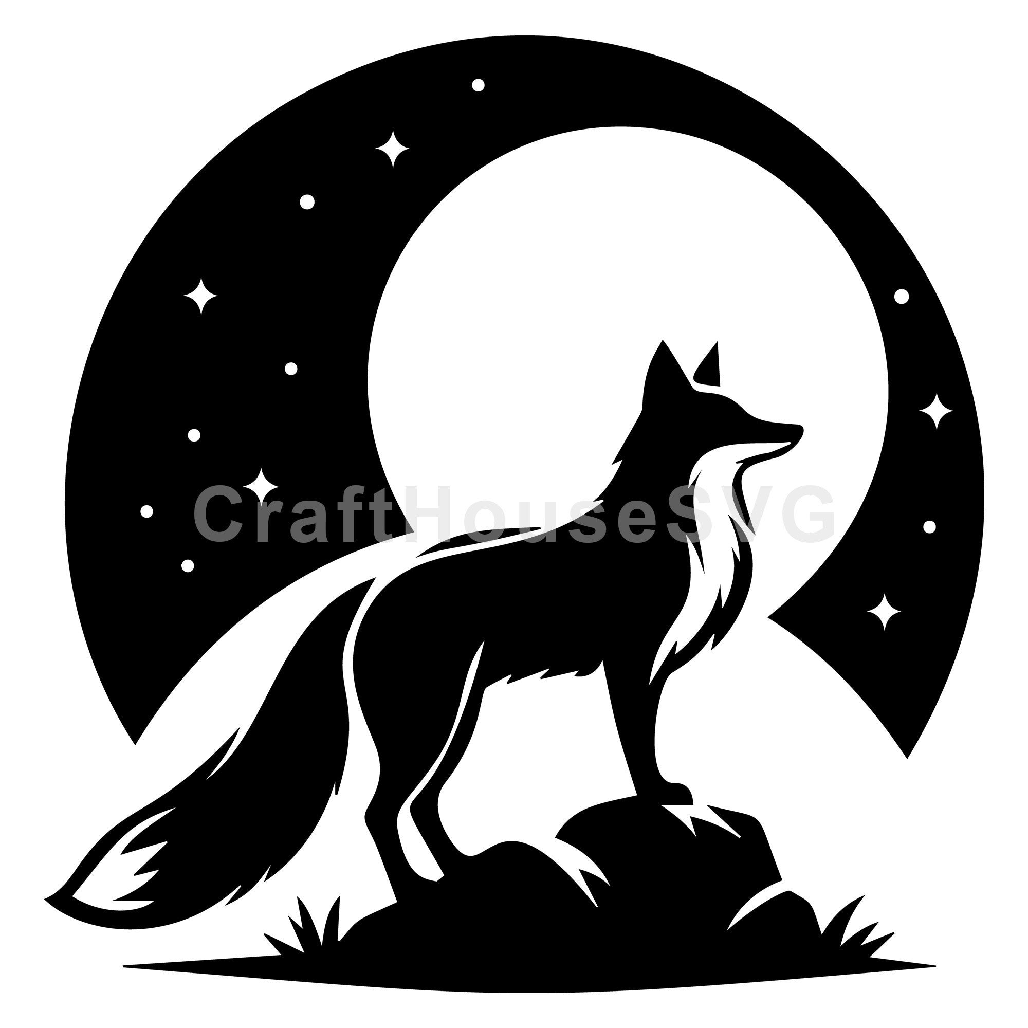 Fox Silhouette with Stars and Moon in Circular Frame SVG