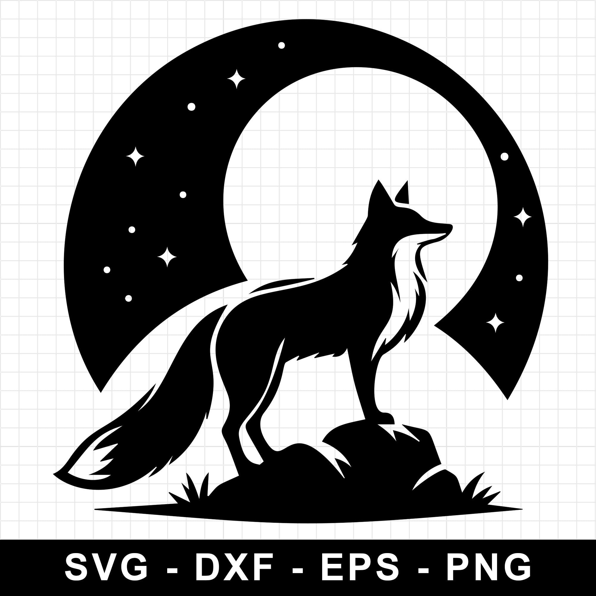 Fox Silhouette with Stars and Moon in Circular Frame SVG