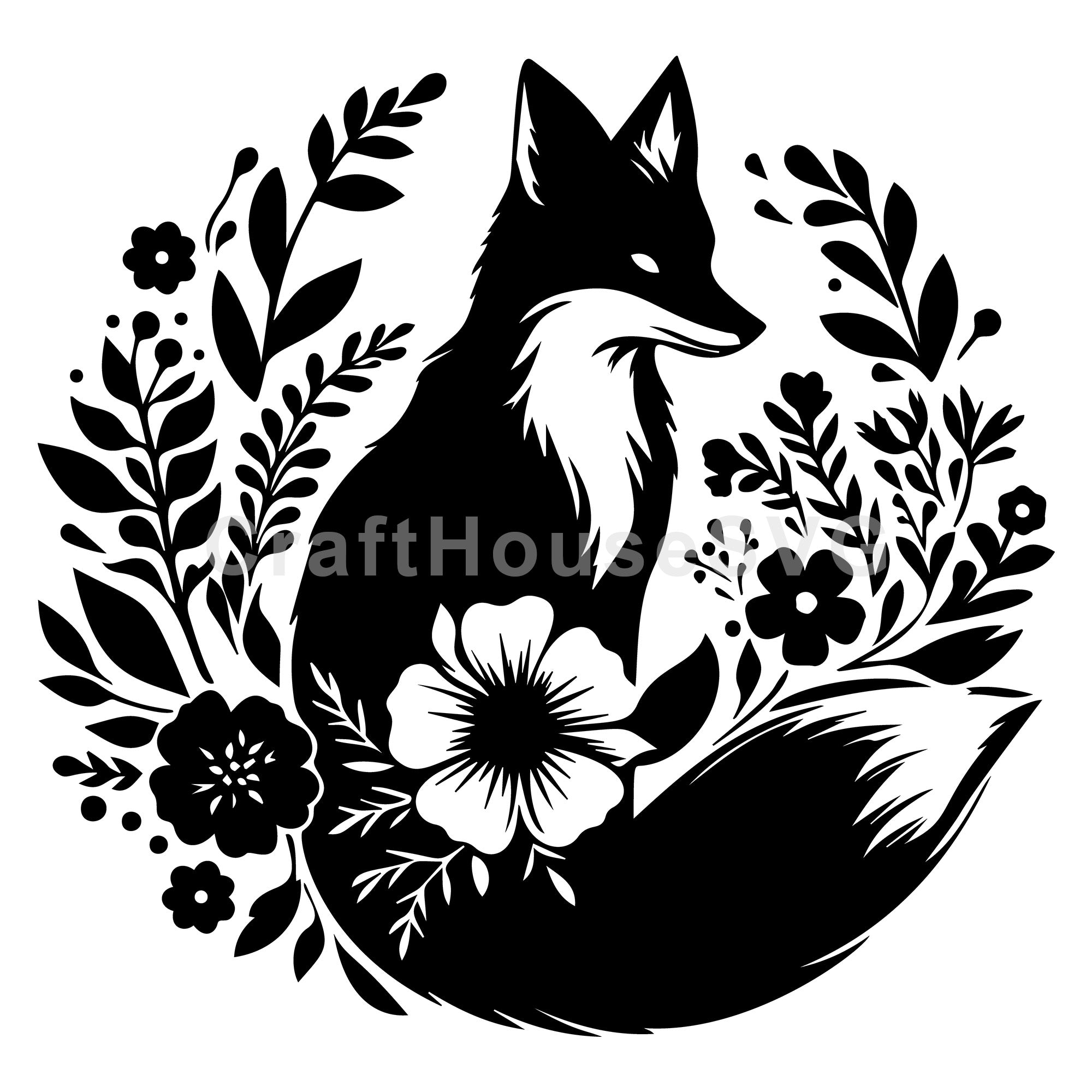 Floral Fox Silhouette with Flowers and Leaves SVG