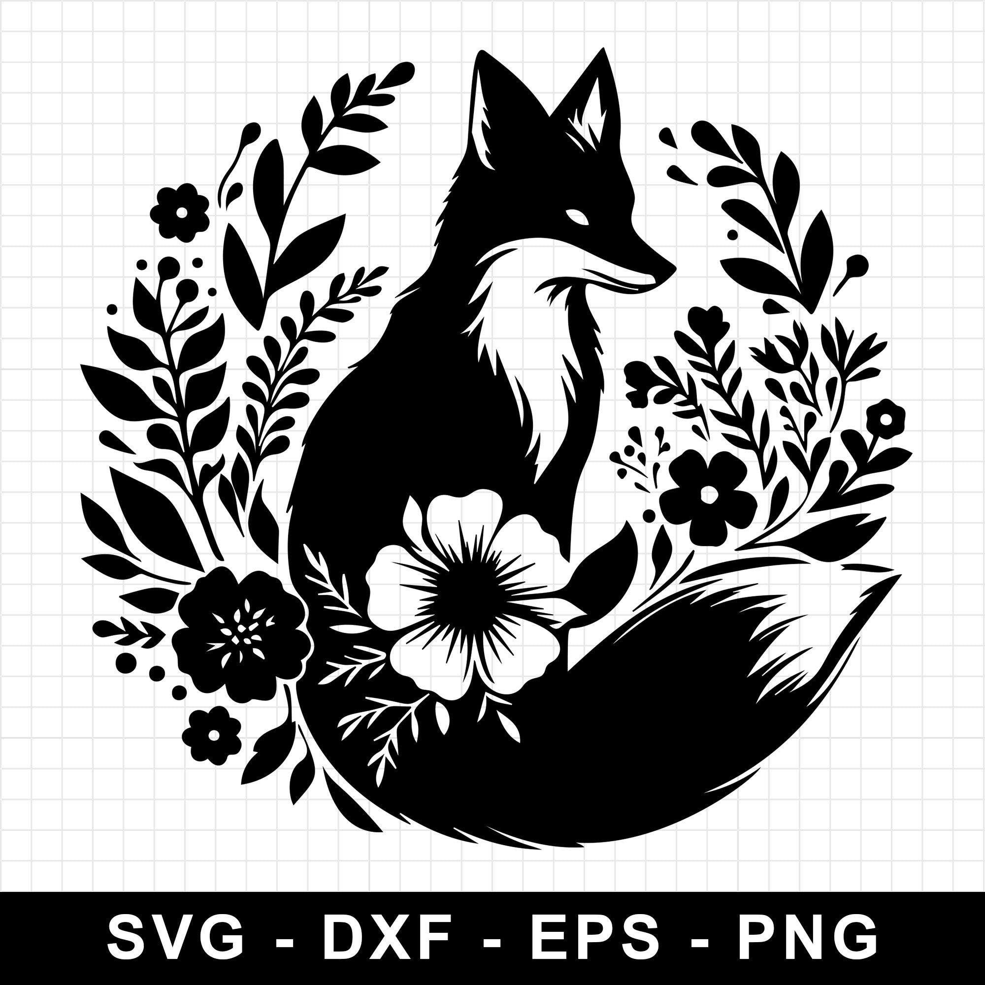 Floral Fox Silhouette with Flowers and Leaves SVG