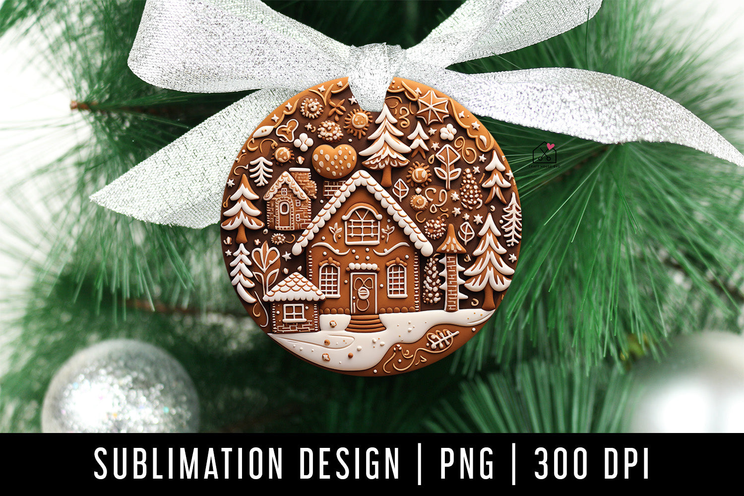 Gingerbread House 3D Ornament Christmas Sublimation Design PNG