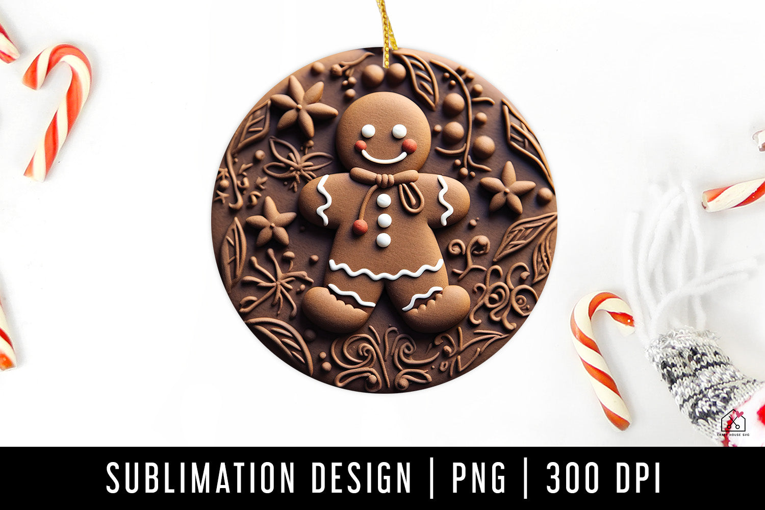FREE 3D Gingerbread Man Christmas Sublimation Winter Ornament Design PNG