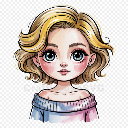 Cute Cartoon Girl Clipart Sublimation Bundle PNG