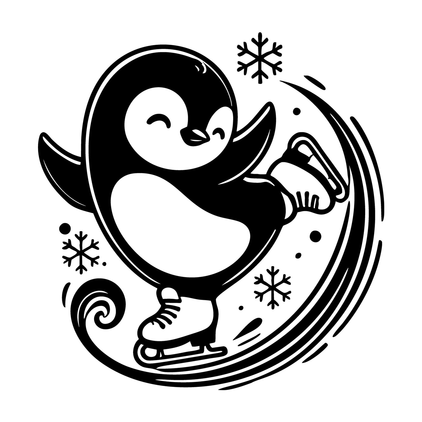Graceful Penguin Ice Skating with Swirl SVG design for Cricut, Silhouette, laser cutting, vinyl, sublimation, and craft projects.