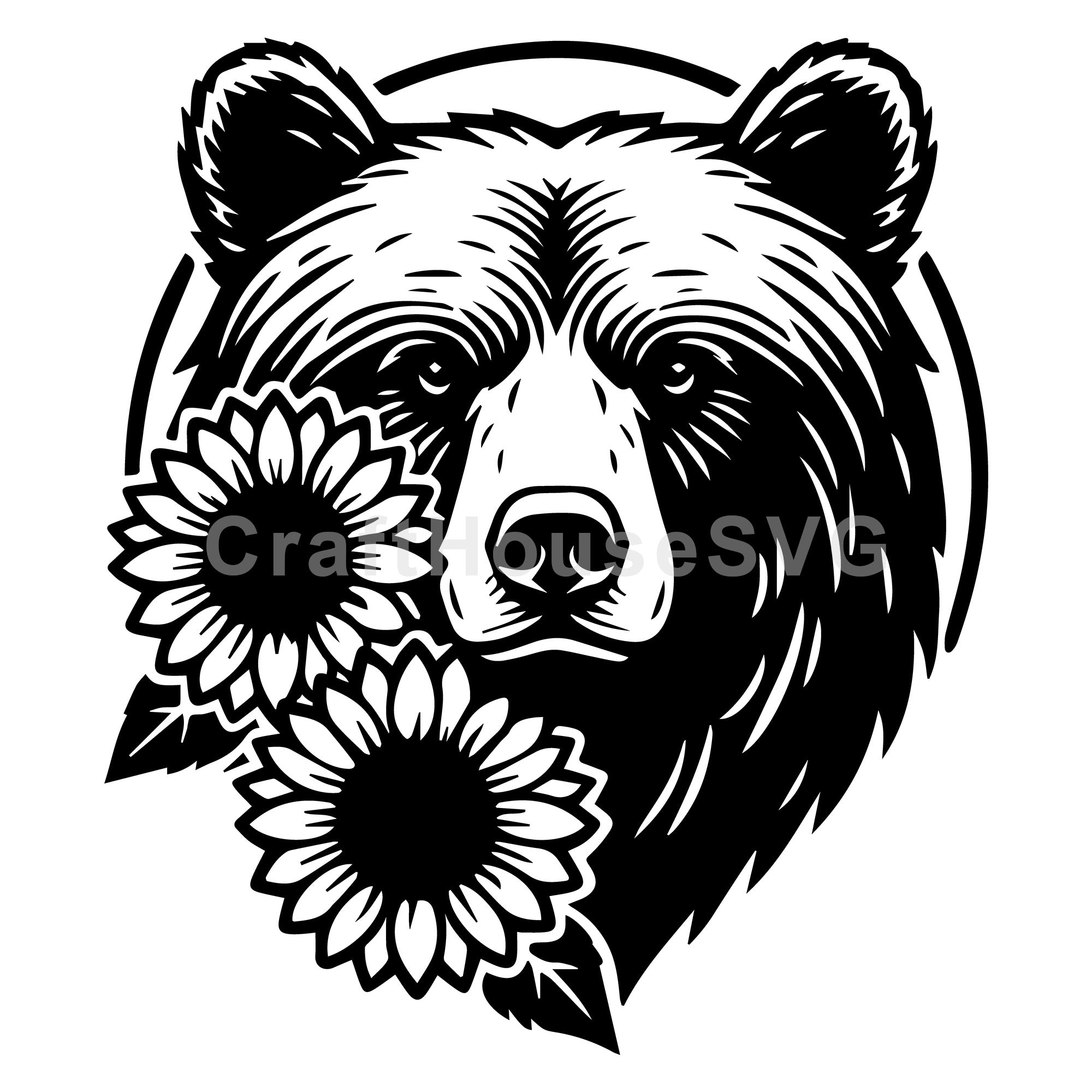 Grizzly Bear Head With Sunflowers SVG