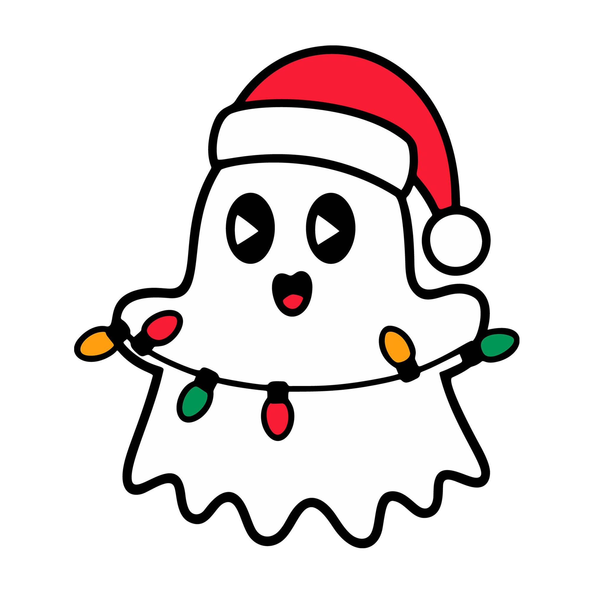 Happy Ghost Holding Christmas Lights SVG design for Cricut, Silhouette, laser cutting, vinyl, sublimation, and craft projects.