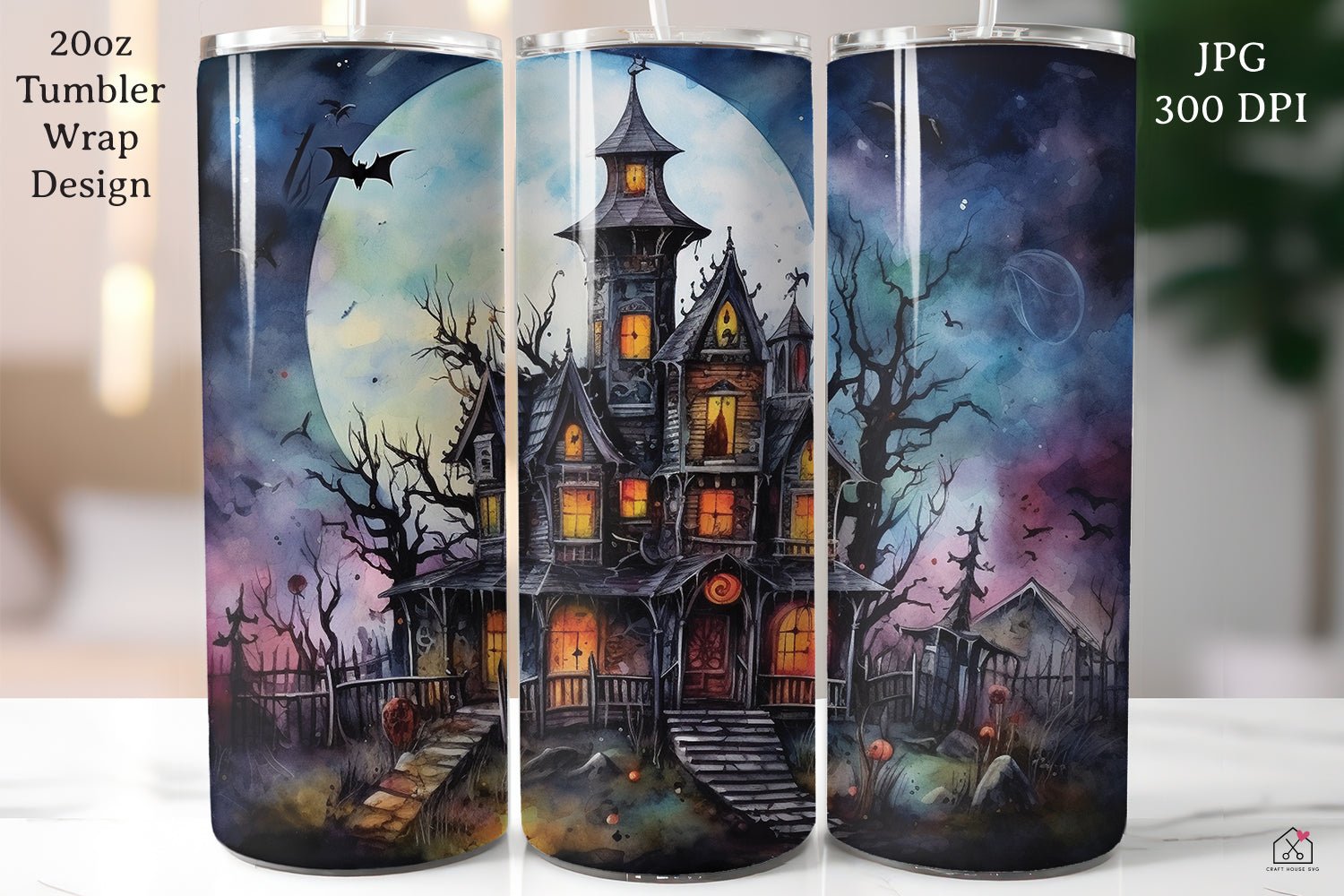 Watercolor Halloween 20oz Tumbler Wrap Bundle Sublimation Designs JPG - Craft House SVG