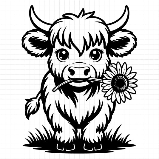 Highland Cow Holding Sunflower SVG