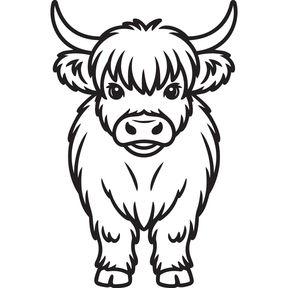 Black and white illustration of a highland cow on a white background SVG file