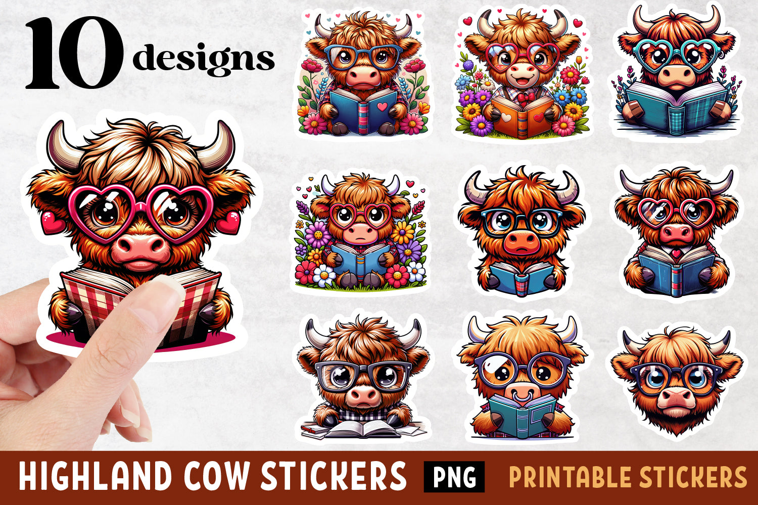 Highland Cow Reading Stickers PNG