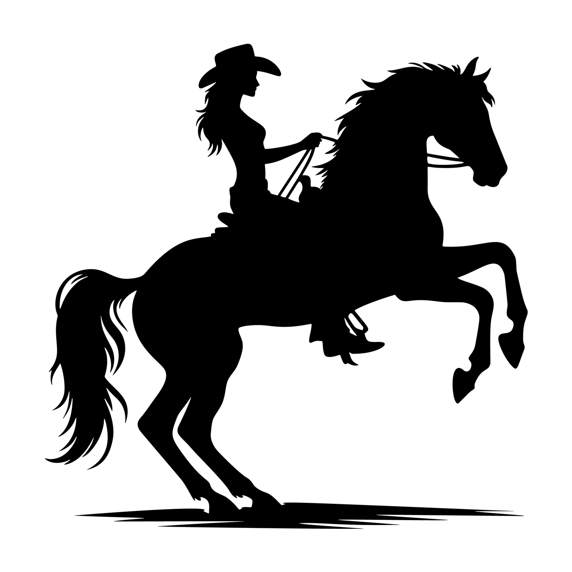 Horse rearing up with cowgirl SVG design for Cricut, Silhouette, laser cutting, vinyl, sublimation, and craft projects.