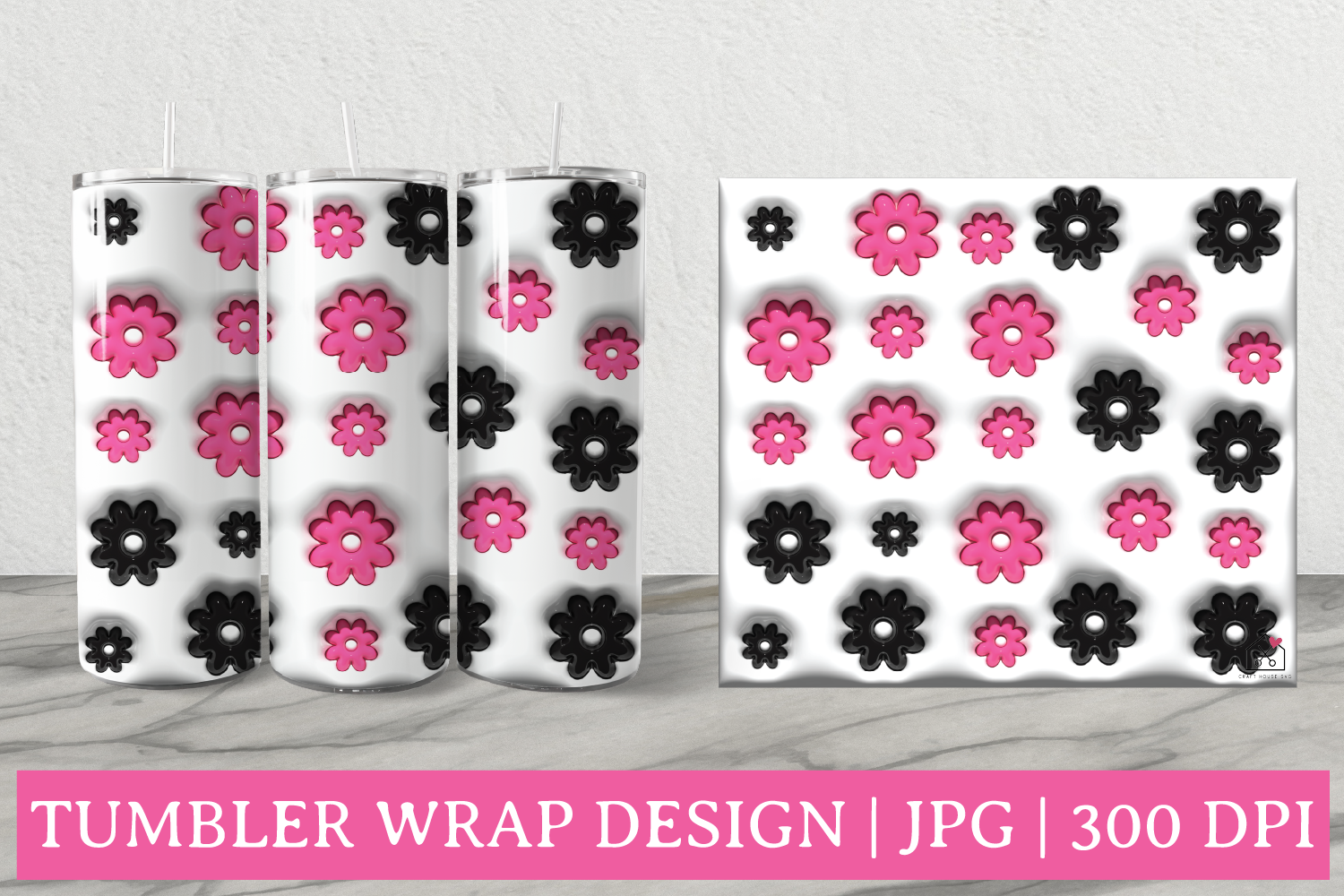 Inflated Retro Flowers Sublimation Design 3D Puffy Tumbler Wrap JPG