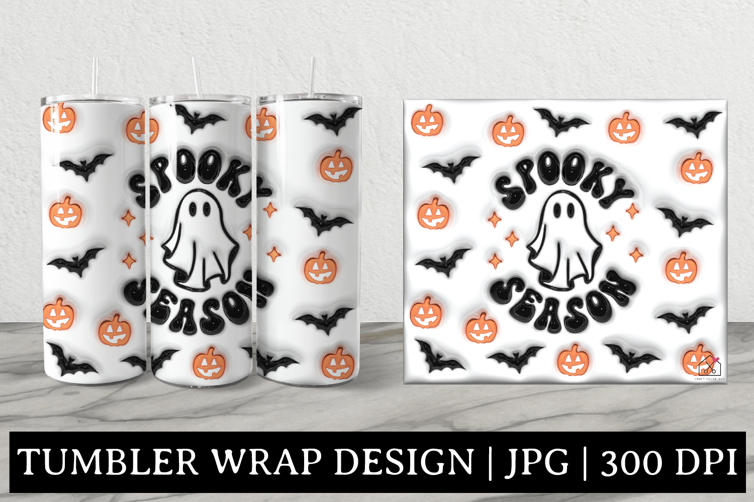 Inflated Spooky Season Sublimation Design 3D Puffy Halloween Tumbler Wrap JPG