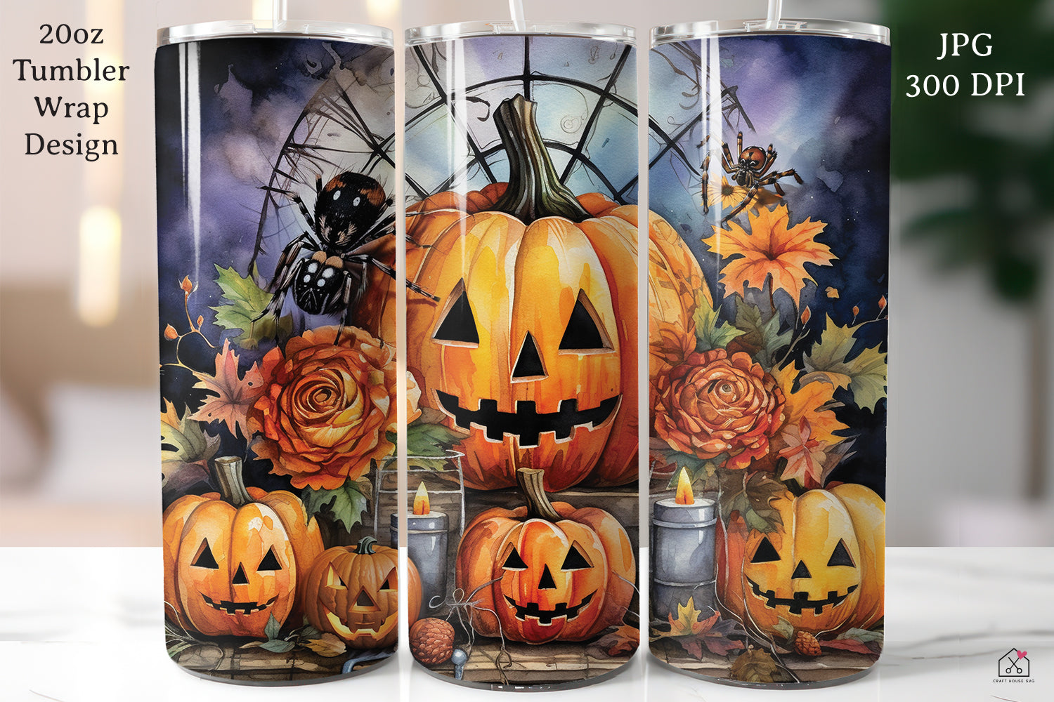 Watercolor Halloween 20oz Tumbler Wrap Bundle Sublimation Designs JPG