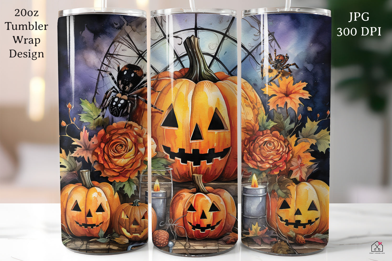 Watercolor Halloween 20oz Tumbler Wrap Bundle Sublimation Designs JPG - Craft House SVG