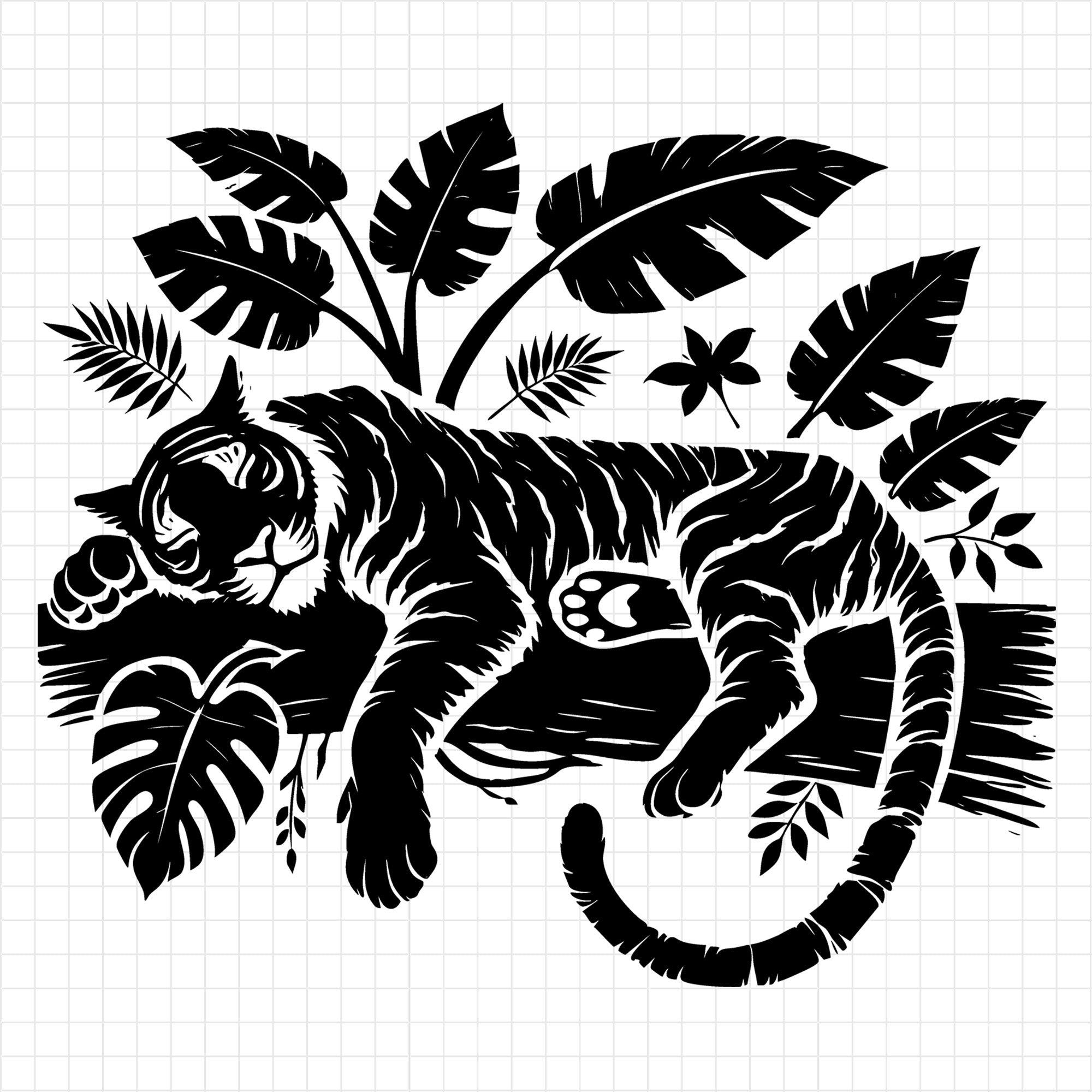 Jungle Sleeping Tiger with Leaves Silhouette SVG