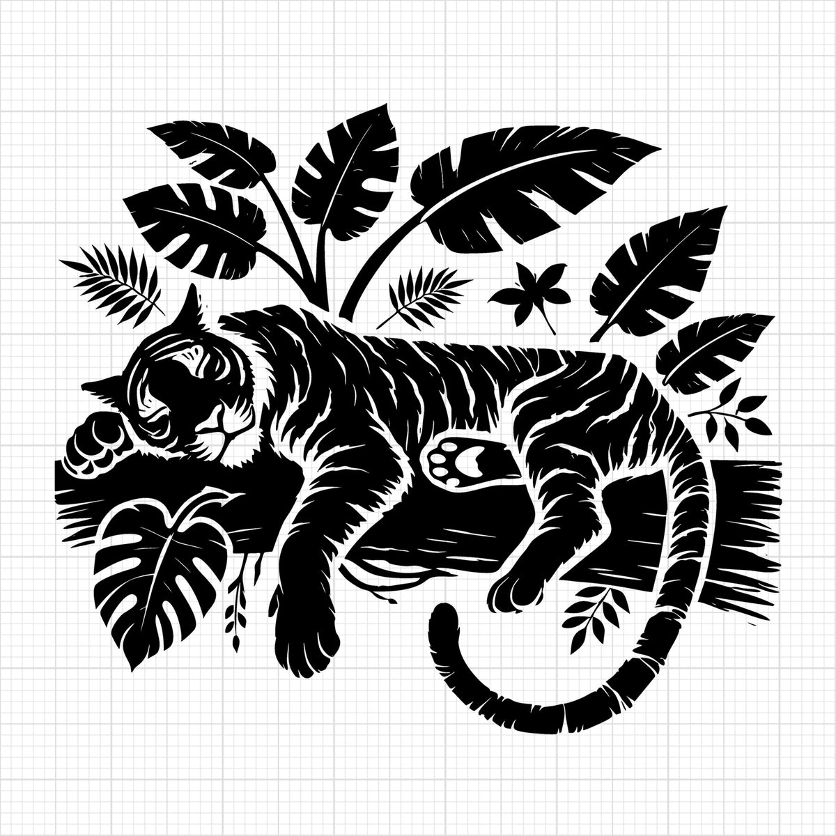 Jungle Sleeping Tiger with Leaves Silhouette