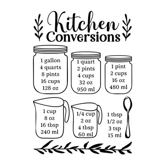 Kitchen Conversions Chart SVG design for Cricut, Silhouette, laser cutting, vinyl, sublimation, and kitchen craft projects.