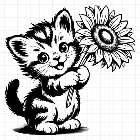 Kitten Holding Sunflower SVG