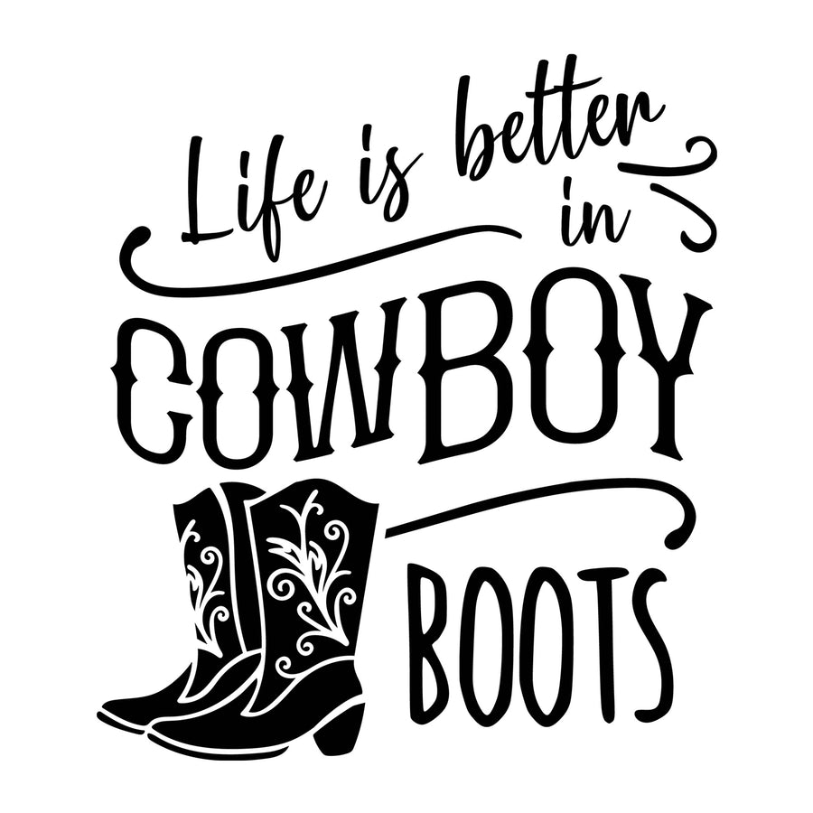 Life Is Better In Cowboy Boots SVG design for Cricut, Silhouette, laser cutting, vinyl, sublimation, shirts, decals, and western craft projects.