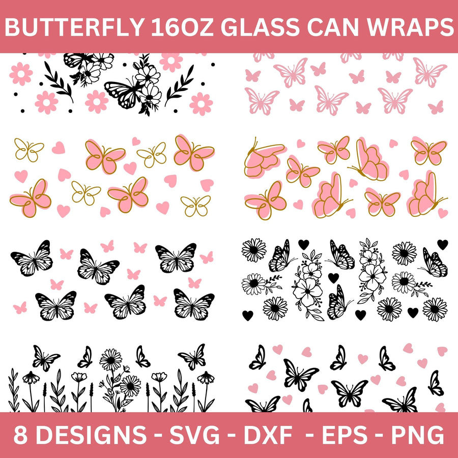 Butterfly 16 Oz Glass Can Wrap SVG Bundle