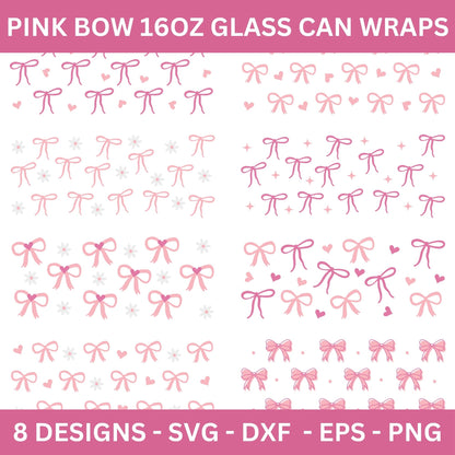 Pink Bow 16 Oz Glass Can Wrap SVG Bundle