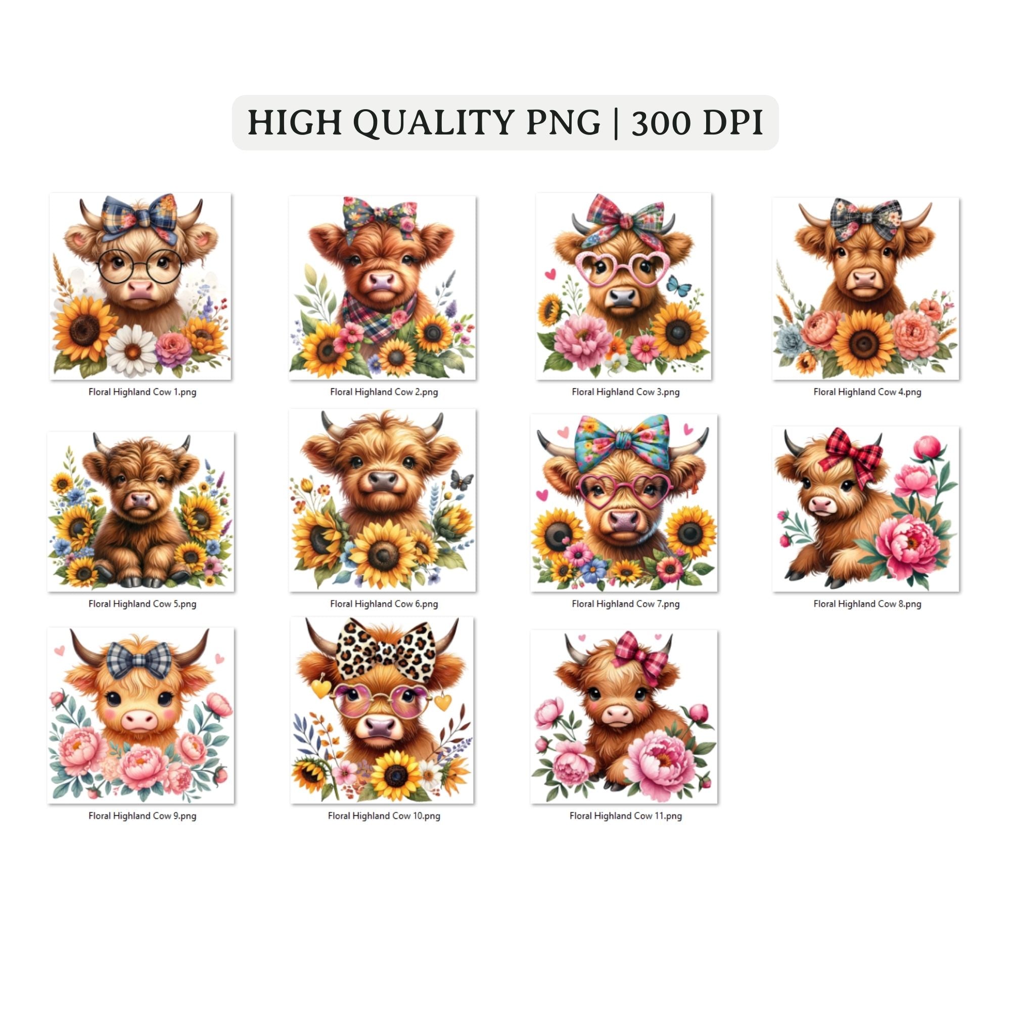 Floral Highland Cow Sublimation Bundle Clipart PNG