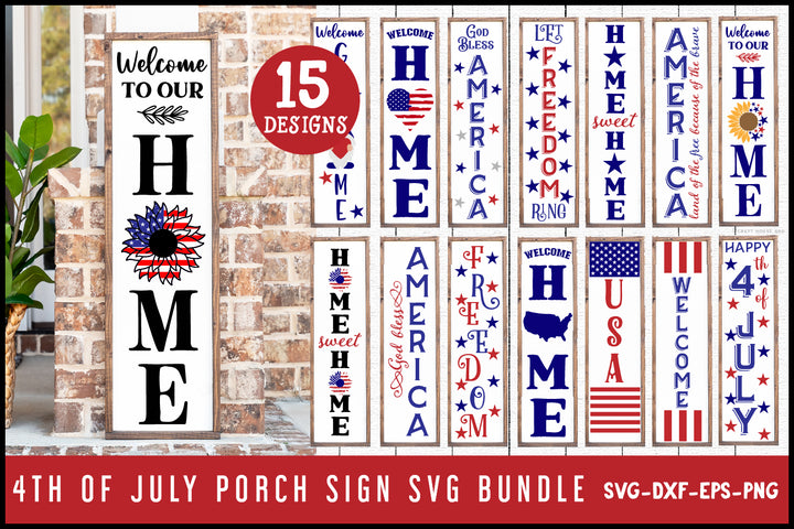 4th of July Vertical Porch Sign SVG Bundle Patriotic Welcome Sign Design Cut Files