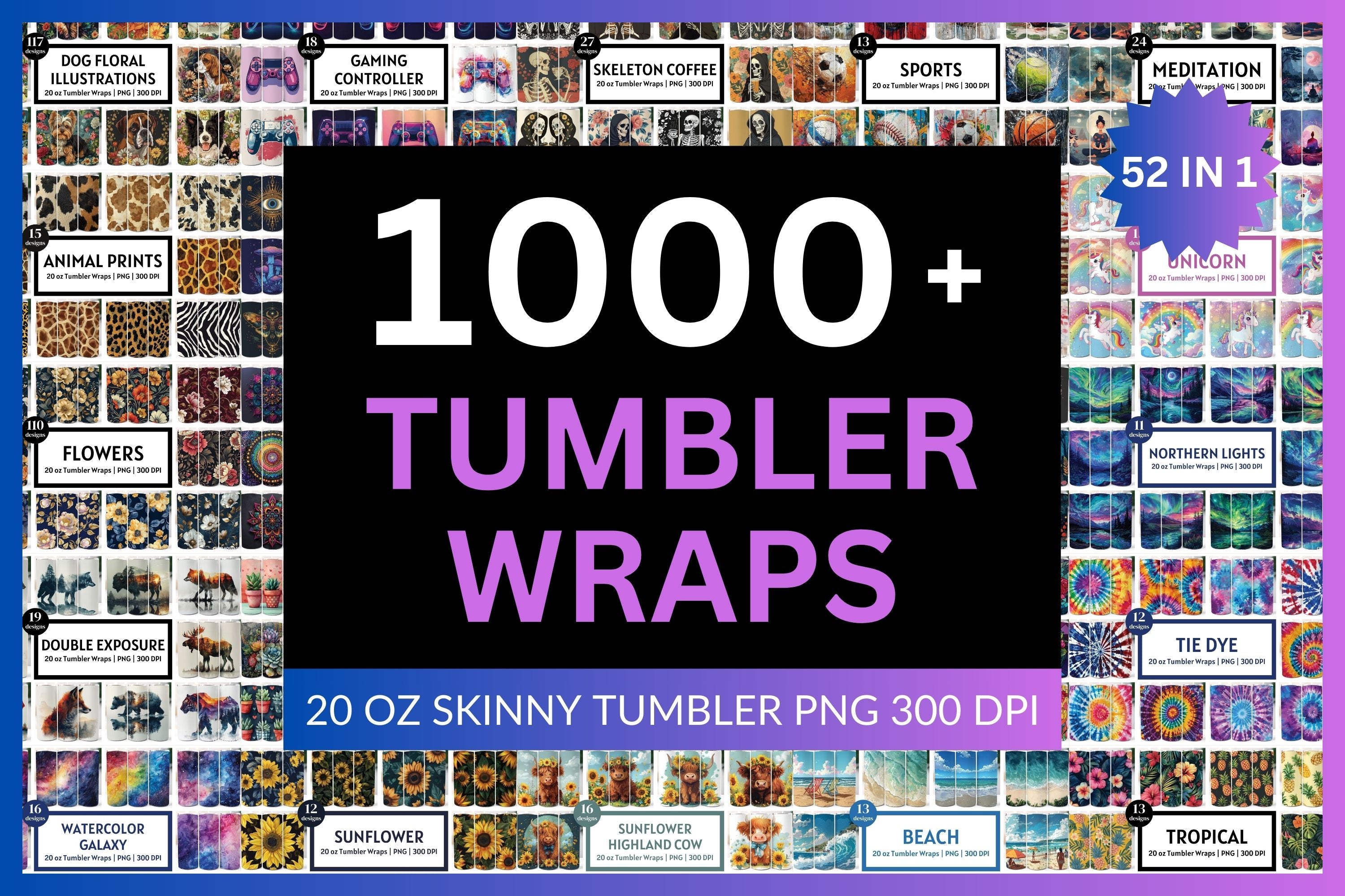 MEGA BUNDLE 20 oz Skinny Tumbler Wrap Designs PNG