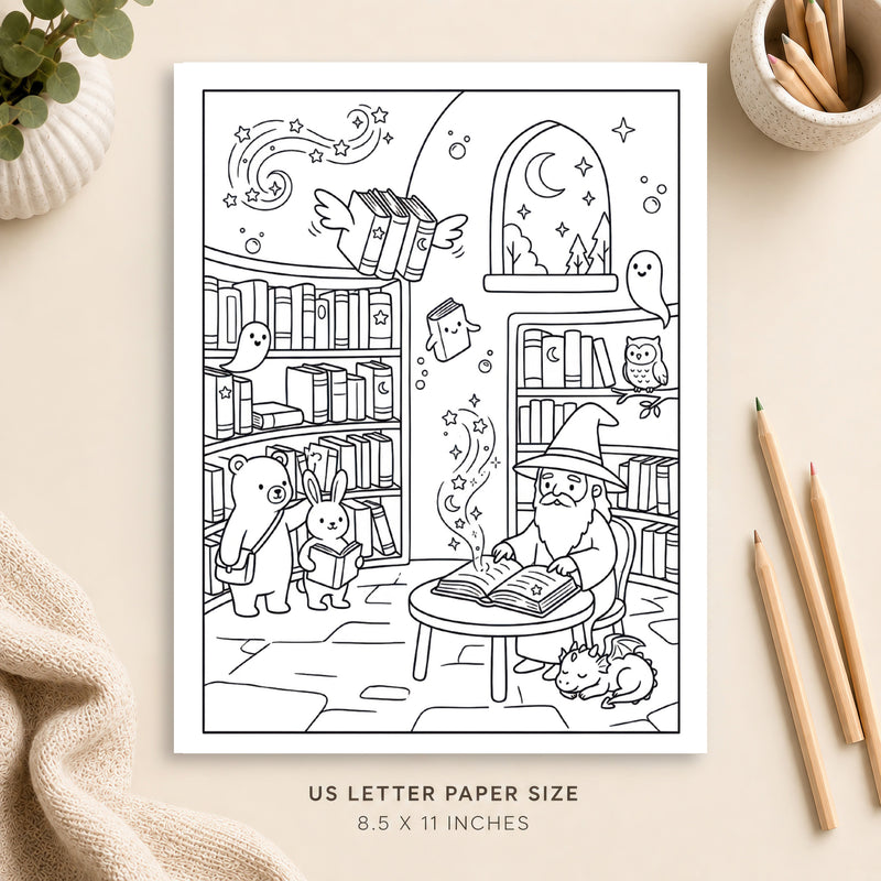Magical Library Coloring Page 1