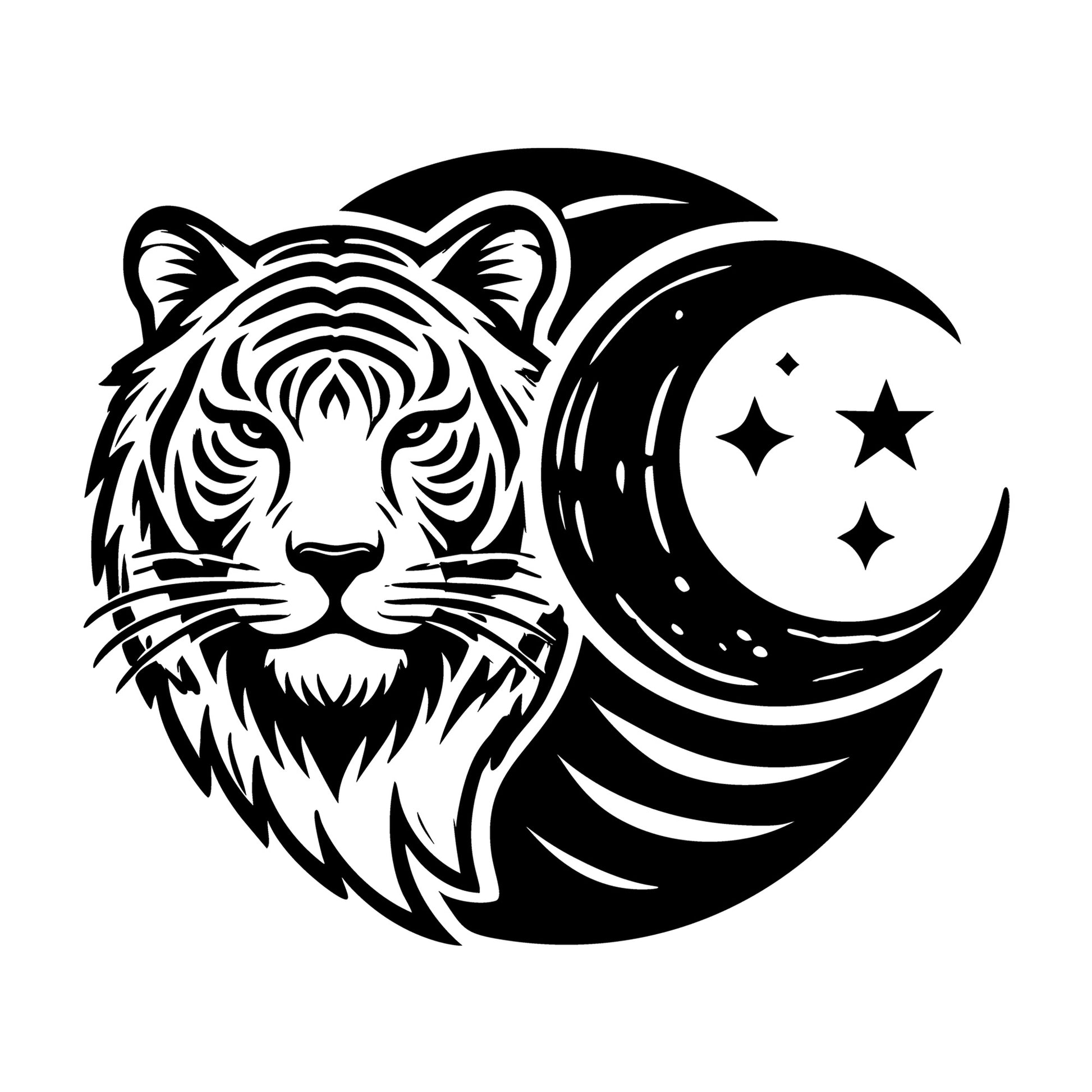 Majestic Tiger and Stars Silhouette SVG design for Cricut, Silhouette, laser cutting, vinyl, sublimation, and craft projects.