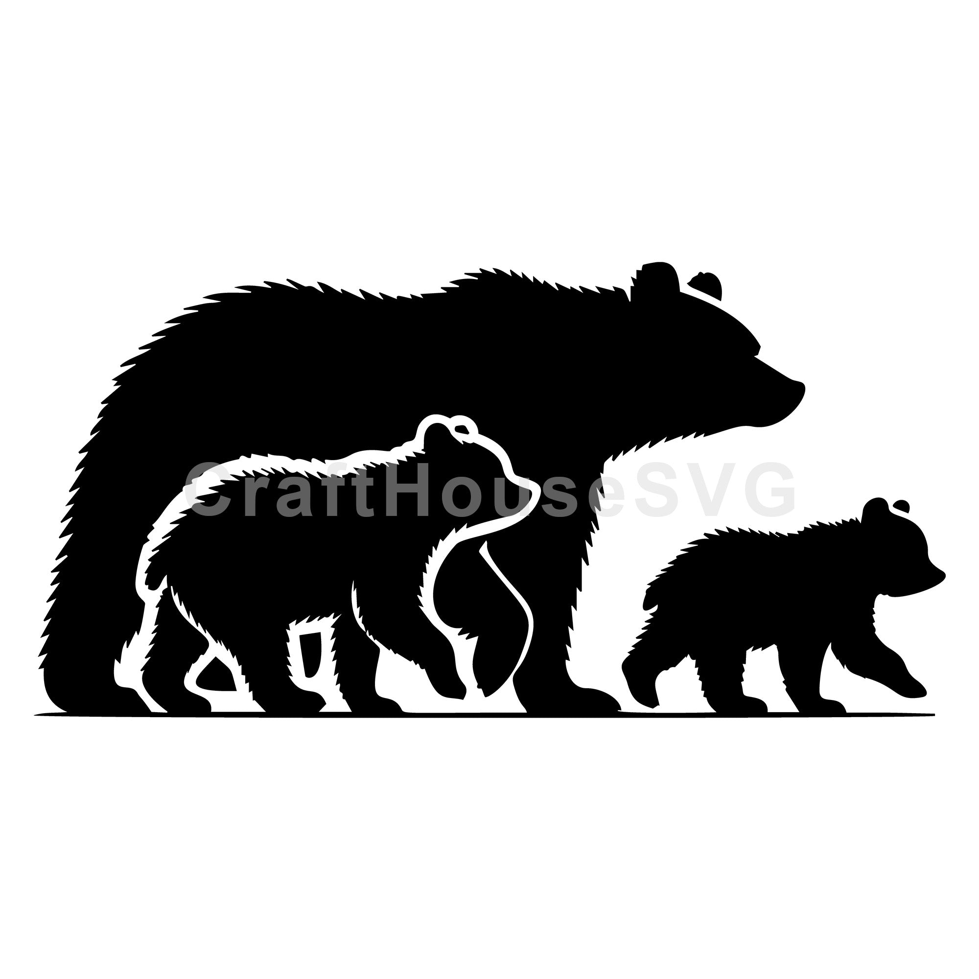 Mama Bear And Two Cubs Silhouette SVG