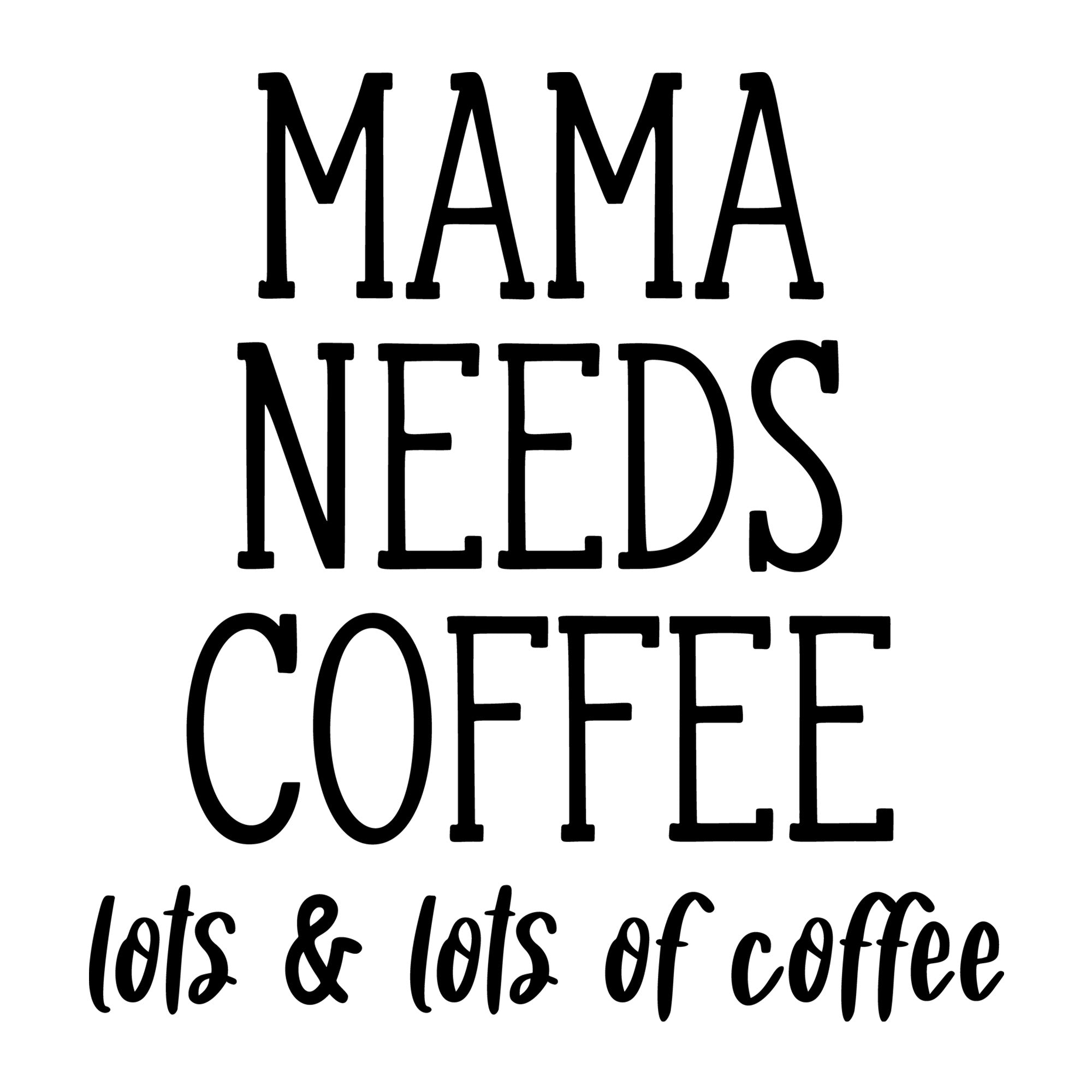Mama Needs Coffee Lots and Lots of Coffee SVG design for Cricut, Silhouette, laser cutting, vinyl, sublimation, and mom craft projects.