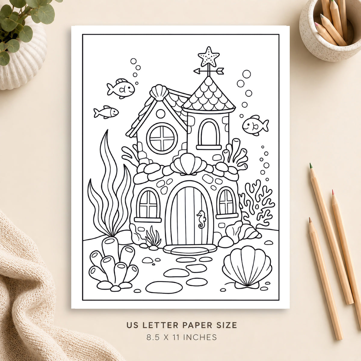 Mermaid House Coloring Page 1