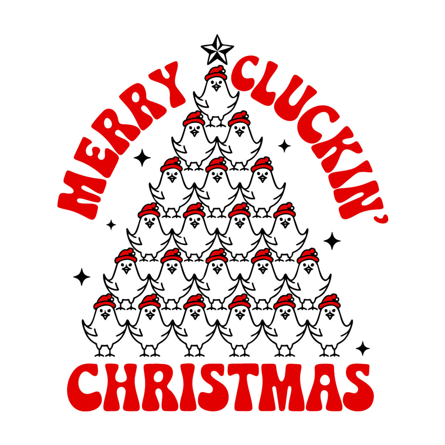 Merry Cluckin Christmas Chicken Tree SVG design for Cricut, Silhouette, laser cutting, vinyl, sublimation, and craft projects.