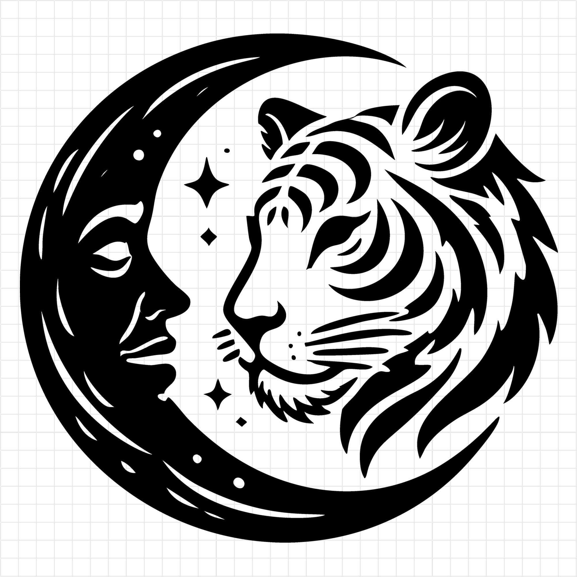 Moon Face and Tiger Silhouette with Star Accents SVG