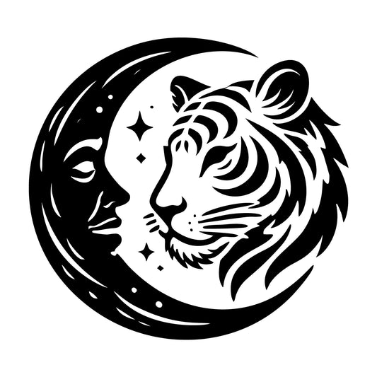 Moon Face and Tiger Silhouette with Star Accents SVG design for Cricut, Silhouette, laser cutting, vinyl, sublimation, and craft projects.