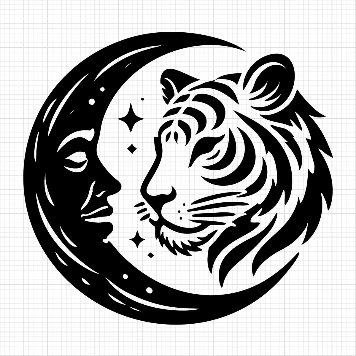 Moon Face and Tiger Silhouette with Star Accents