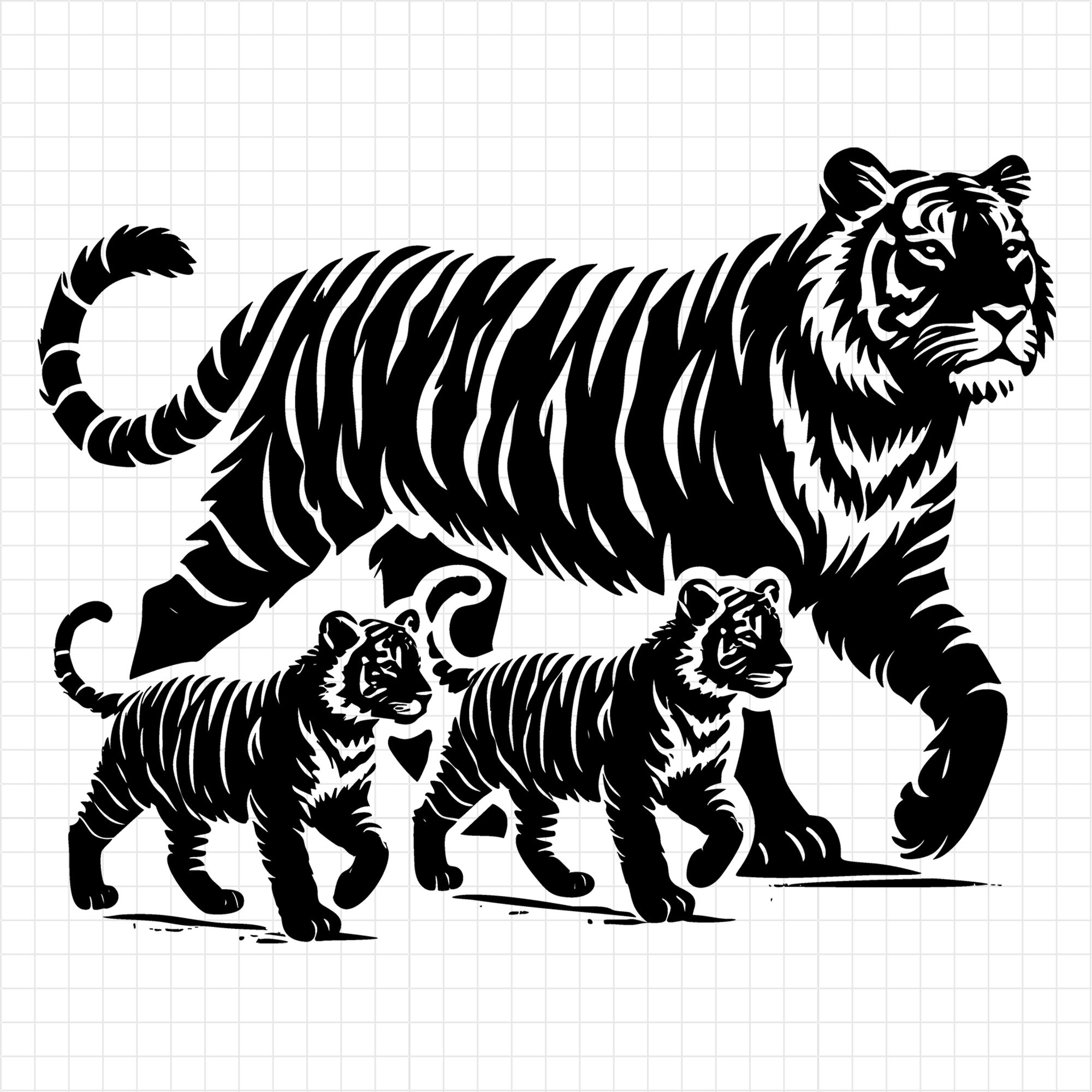 Mother Tiger and Cubs Walking SVG