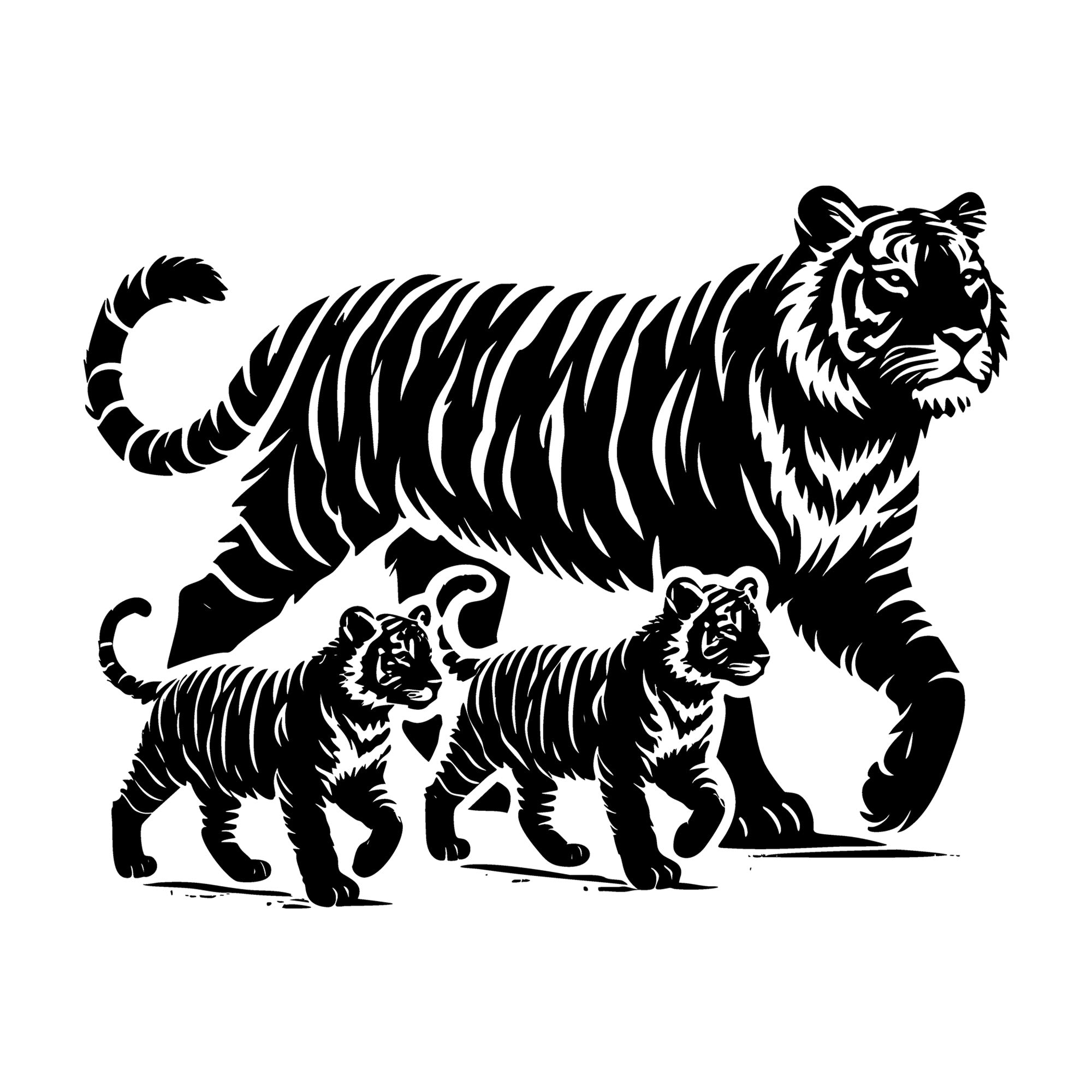 Mother Tiger and Cubs Walking SVG design for Cricut, Silhouette, laser cutting, vinyl, sublimation, and craft projects.